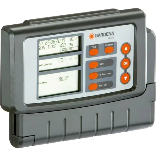 Gardena Bewässerungssteuerung 4030 - Automatische Bewässerungssteuerung für bis zu 4 Ventile, individuell programmierbar mit bis zu 3 Programmen pro Ventil und zentraler Anpassung der Bewässerungsdauer.
