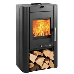 Kaminofen Haas & Sohn Prunus II Stahl schwarz 6 kW mit Holzfach - Der elegante PRUNUS Kaminofen in schwarz bietet ein großes Sichtfenster für ein beeindruckendes Flammenbild. Mit praktischem Holzfach und integrierter Aschelade vereint er Stil und Komfort in jedem Wohnraum.