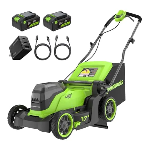 Greenworks 48V (24V x 2) Akku Rasenmäher bis zu 440m², 41cm Schnittbreite, 40L Sack Rasenmäher Elektro Plus Zwei 4Ah-Akkus und Doppelladegerät,3 Jahre Garantie-MO48L422-01