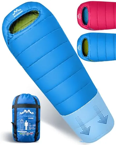 Alpenwert Kinderschlafsack Ultraleicht 130-170cm – Wasserabweisend & Kompakt in Blau - Ideal für Outdoor-Abenteuer: Der ultraleichte Kinderschlafsack mit praktischem Packmaß und wärmenden Eigenschaften bietet Komfort für Körpergrößen bis 170 cm.