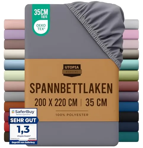 Utopia Bedding - Spannbettlaken 200x220cm - Grau - Gebürstete Mikrofaser Spannbetttuch - 35 cm Tiefe Tasche