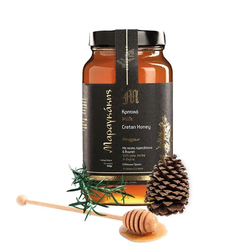 Kretischer Honig Kiefer Wildkräuter und Thymian 950g von Maragkakis Family - Brotaufstrich aus Griechenland, aromatischer Kiefernhonig mit Wildkräutern und Thymian, ideal für einen gesunden Start in den Tag.