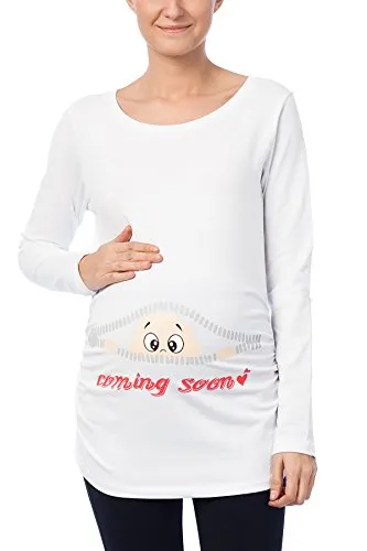 Coming Soon - Lustige witzige süße Umstandsmode Umstandsshirt Sweatshirt Schwangerschaftsshirt mit Motiv für die Schwangerschaft, Langarm (Weiß, Large)