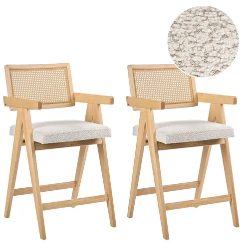 BELIANI Barstuhl 2er Set Hellbraun und Hellbeige mit Bouclé Sitzfläche - Stylisches 2er Set Barstühle im Retro-Stil. Mit bequemem Bouclé-Bezug und stabiler Gummibaumholz-Konstruktion bringen diese Stühle einen Hauch von Vintage in Ihre Küche oder Ihr Esszimmer.
