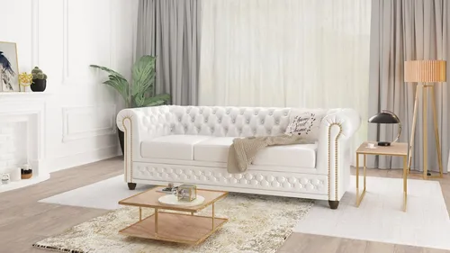 S-Style Möbel Chesterfield-Sofa Jeff, 3-Sitzer mit Schlaffunktion - Chesterfield Sofa aus veganem Leder, mit Wellenfederung und ausziehbarer Liegefläche für maximalen Komfort und Stil in deinem Wohnraum.