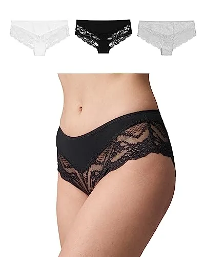 Snocks 3er Pack Hipster Lace - Damen Unterhose mit Spitze - Größe M - Farbmix (Weiß/Grau/Schwarz) - Bequeme Passform: Die Snocks Hipster Lace Unterwäsche für Damen überzeugt mit einem nahtlosen Design und angenehmem Tragekomfort. Ideal für jeden Tag und elegant mit Spitzenverzierungen.
