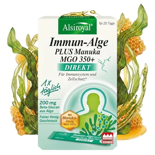 Alsiroyal Immun-Alge PLUS Manuka MGO 350+ - Praktische Direkt-Sticks für Ihre Immunabwehr - Pflanzliches Ergänzungsmittel mit Beta-Glucan aus Euglena gracilis, Vitamin C und Zink. Ideal für unterwegs, unterstützt Ihr Immunsystem und bietet hochwertige Nährstoffe.