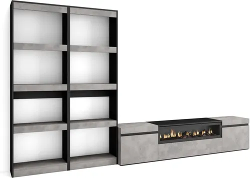 Wohnwand Wohnzimmer mit Elektrokamin, Zementgrau, für TV-Geräte bis 80" - Moderne Wohnwand mit LED-Elektrokamin und Stauraum für elektronische Geräte. Realistischer 3D-Feuereffekt ohne Verbrennungsgefahr. Robuste Materialien und elegantes Design für Ihr Zuhause.