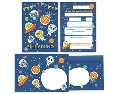 Einladungskarten incl. 12 Umschläge zum Kindergeburtstag Jungen Mädchen Astronautenparty Weltall Geburtstagseinladungen 12