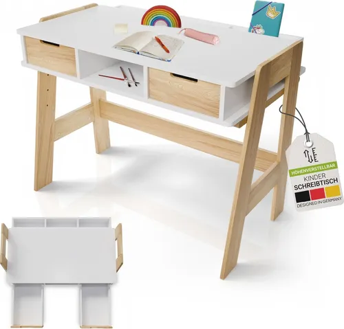 Juskys Kinderschreibtisch Fietje - Höhenverstellbarer Kinderschreibtisch aus Holz mit viel Stauraum, ideal für wachsende Kinder und kreative Lernumgebungen.