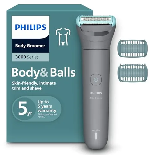 Philips Bodygroom 3000er-Serie – Hautfreundlicher Herrentrimmer - Körperhaartrimmer mit Dreifachschutz-Rasiersystem für eine komfortable und gründliche Rasur, 100% duschfest und 80 Min. Laufzeit für flexibles Trimmen und Rasieren.