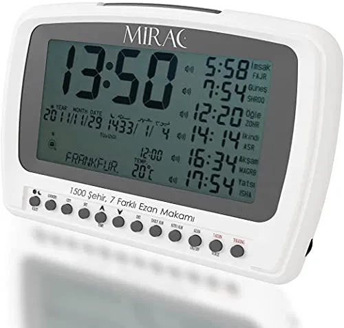 Mirac Ezan Saati Otomatik: Automatische Azan Uhr - Moderner digitaler Wecker mit 12 Originalakzenten und über 2000 Azan-Zeiten, ideal für Muslime, die ihre Gebetszeiten im Blick behalten möchten.