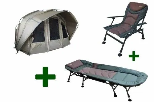 Karpfen Angebot: 2 Mann Angelzelt mit Angelliege und Karpfenstuhl - Zelt für 2 Personen, inklusive Angelliege und Karpfenstuhl. Ideal für komfortables Angeln, ausgestattet mit Heringen und Transporttasche. Winterskin optional erhältlich.