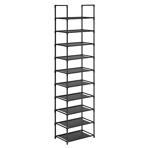 SONGMICS Schuhregal,10 Ebenen, Schuhablage, Schuhaufbewahrung, schmal, 28 x 45 x 173 cm, Metallgestell, Ablagen aus Vliesstoff, für Flur, Schlafzimmer, schwarz LSH010B02