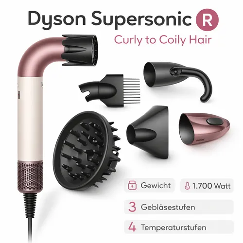 Dyson Supersonic r Curly+Coily Ceramic Pink 113361-01 - Haartrockner für lockiges Haar, mit kraftvollem Luftstrom und fünf speziellen Aufsätzen für perfektes Styling ohne statische Aufladung.