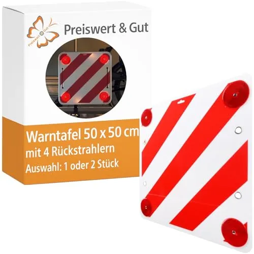 Preiswert&Gut 2x Warntafel 50x50 cm für Deichsel Fahrradträger Weiß Rot - 2× witterungsbeständige Warnschilder (50 x 50 cm) zur sicheren Kennzeichnung überstehender Ladung. Mit integrierten Reflektoren für erhöhte Sichtbarkeit und stabilen Metallösen zur einfachen Montage am Fahrzeug.
