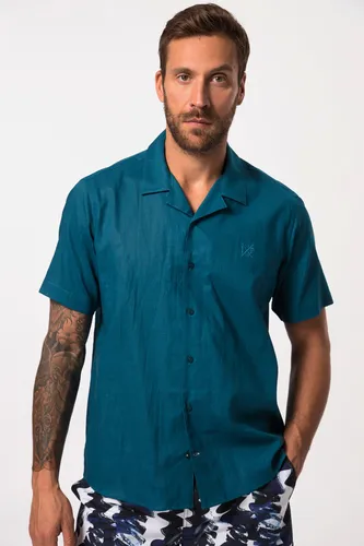 JP1880 Kurzarmhemd Hemd Halbarm Leinenmix Kubakragen Modern Fit, blaugrün