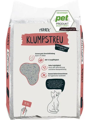 Primo Katzentoilette Primox Katzenstreu Babypuder und Silikat 12 kg - Hochwertige Katzenstreu mit Babypuderduft und Silikat, sorgt für eine optimale Geruchsbindung und eine saubere Katzentoilette.