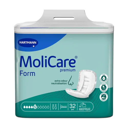 Hartmann MoliCare Premium Form extra 5 Tropfen - 32 Stück - Arzneimittel für mittlere Harn- und Stuhlinkontinenz, bietet ein sofort trockenes Gefühl und anatomische Passform für maximalen Komfort.