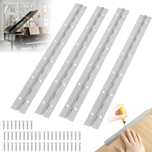 Klavierband Edelstahl, 4 Stück 30 cm – Robuste Scharniere für vielseitige Anwendungen - Dieses Set aus 4 Edelstahlscharniere ist ideal für Möbel und Klaviere. Mit vorgebohrten Löchern und 48 Schrauben ermöglicht es eine einfache Montage und sorgt für Stabilität und Langlebigkeit.