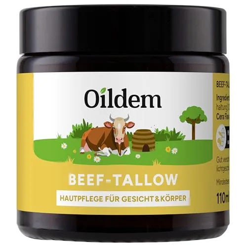 Oildem Beef Tallow Creme - Halal Rindertalg Skincare 110ml - Bodycremes, natürliche Hautpflege aus reinem Rindertalg von Weidehaltung, kombiniert mit Bienenwachs und Olivenöl – ohne künstliche Zusätze und Halal-zertifiziert.