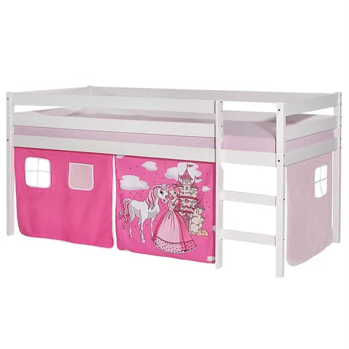 IDIMEX Hochbett ERIK mit Vorhang PRINZESSIN - Hochbett für Kinder ab 6 Jahren, verwandelt das Zimmer in ein Spielparadies mit rosa Prinzessinnen-Motiv und bietet Sicherheit durch Absturzsicherung und abgerundete Kanten.