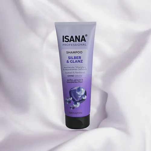 ISANA Professionelles Silber & Glanz Shampoo 250ml - Shampoo für Damen mit speziellem Glanz-Effekt, silikonfrei und vegan. Ideal für graues, weißes und blondiertes Haar. Pflege mit geprüfter Qualität aus Deutschland für strahlende Ergebnisse.