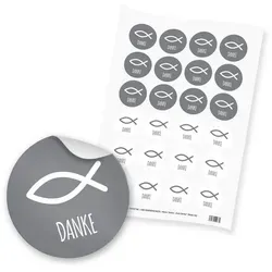 24x itenga Sticker Aufkleber Fisch Taufe Kommunion Konfirmation Firmung Gastgeschenk für Jungen und Mädchen (Grau mit Text)