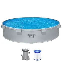 Stahlwandpool Rund Ø 305 x 61 cm mit Sandfilter Set - Hochwertiger Stahlwandpool in Grau, ideal für den Garten. Winterfest und perfekt für entspannende Sommertage.