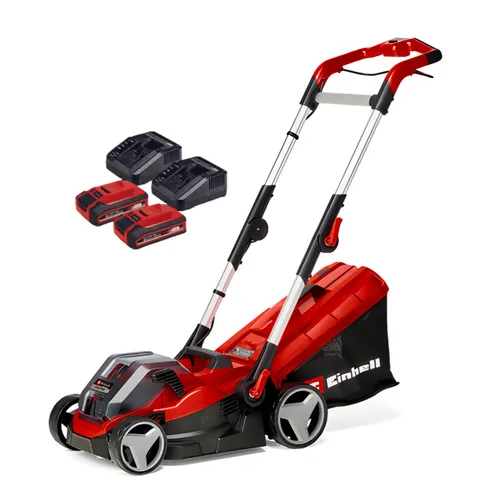 Einhell Akku-Rasenmäher RASARRO 36/250 (2x2,5Ah) - Kabelloser Rasenmäher mit 18 V Akkubetrieb, ideal für müheloses Mähen ohne Stromanschluss, inklusive Mulchkit für eine perfekte Rasenpflege.