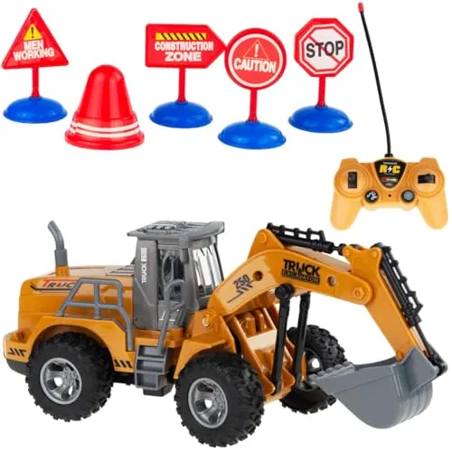 RC Bagger mit Fernbedienung + Zeichen, ferngesteuertes Modell, Ferngesteuertes Modell, Ferngesteuerter Bagger für Kinder, mit Zubehör, Verkehrsschilder