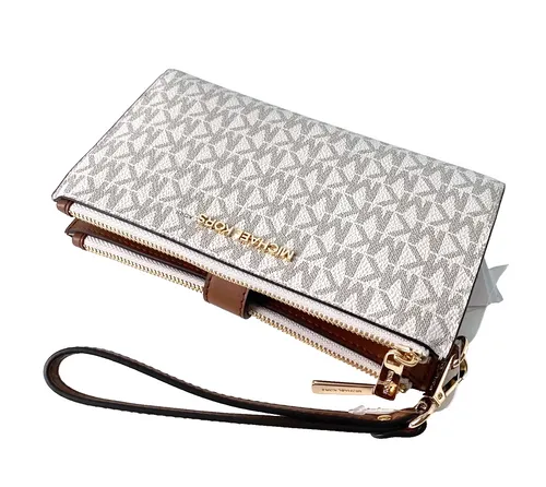 MICHAEL KORS JET SET TRAVEL LG DBL Zip Wristlet - Damen Geldbeutel in vanilla aus hochwertigem PVC mit MK Signature Muster, ideal für stilvolle Aufbewahrung und unterwegs.