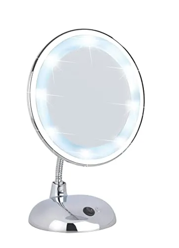 WENKO LED Kosmetikspiegel Mod. Style mit 3-Fach Vergrößerung - Flexibler Kosmetikspiegel mit batteriebetriebener LED-Beleuchtung und 3-fach Vergrößerung für präzise Beauty-Anwendungen. Ideal für Bad oder Schminktisch, Maße: 17,5 x 28 x 12 cm, Ø 16 cm.