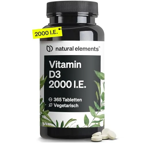 natural-elements Vitamin-D 365 Tabletten – Hochdosiertes Vitamin D3 - Praktische Tabletten für eine tägliche Unterstützung. 365 Tage Vorrat, gluten- und laktosefrei. Ideal für die Erhaltung normaler Knochen und Muskelfunktion.
