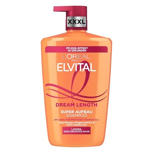 L'Oréal Paris Elvital XXXL Shampoo gegen Spliss, Für traumhaft langes Haar, Mit Rizinusöl, Vitaminen und pflanzlichen Proteinen, Dream Length Super Aufbau Haarshampoo, 1 x 1000 ml
