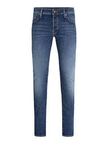 Slim-fit-Jeans JACK & JONES "JJIGLENN JJFOX AM 496 NOOS" - Modische Herren-Slim-fit-Jeans in blau denim, elastisch und pflegeleicht. Perfekt für Freizeitlooks mit schmaler Beinform und Abriebeffekten.