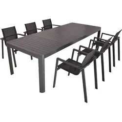 Tischgruppe AMIRA 06, 7-tlg. - Grau/Dunkelgrau - Moderne Gartenmöbel-Set AMIRA 06 - Ausziehbarer Tisch und 6 Stapelstühle im eleganten Industrial-Design, ideal für flexible Nutzung im Außenbereich.