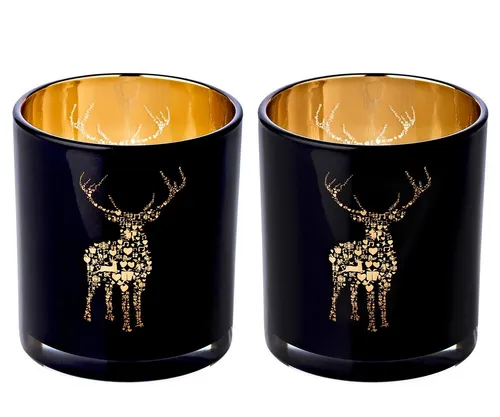 EDZARD Windlicht Fancy, 2er-Set, Glas, Hirsch-Motiv, schwarz und gold, H 8 cm, Ø 7 cm