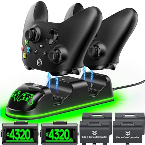 OIVO Xbox Controller Ladestation mit 2 Akkus - Xbox Series X & S Zubehörset mit 2x1300mAh Akkus, die über 3000 Mal wiederaufladbar sind. Genießen Sie bis zu 20 Stunden Spielzeit und einen intelligenten Schutzchip für sicheres Laden.
