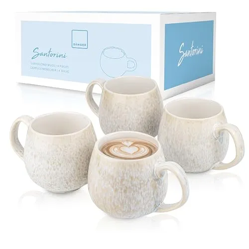 SÄNGER Tassen Set Santorini 4 tlg - Handmade Kaffeetassen für 4 Personen - Thermobehälter aus hochwertigem Steingut, spülmaschinenfest und mit einzigartigem flieder-blauen Farbverlauf für ein stilvolles Trinkerlebnis.