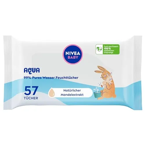 NIVEA Baby AQUA Feuchttücher, Baby Feuchttücher zur sanften Reinigung empfindlicher Haut, hypoallergene und parfümfreie Feuchttücher für Babys mit 99 % Wasser (1 x 57 Stück)