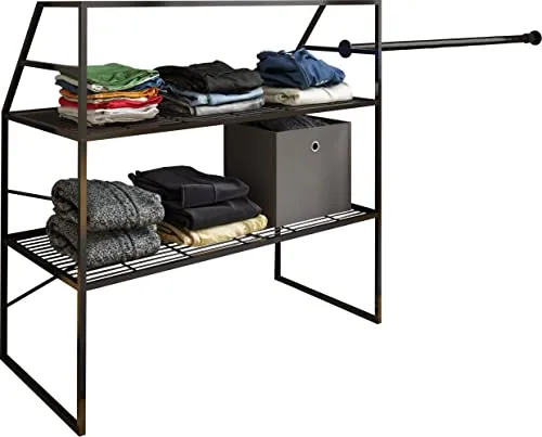 VCM Metall Kleiderschrank | Offener begehbarer Schrank für Dachschrägen - Disal Schwarz - Kleiderschrank für Dachschrägen mit 3 Fächern und variabler Kleiderstange. Ideal für kleine Räume, bietet Übersicht und Ordnung für Ihre Kleidung.