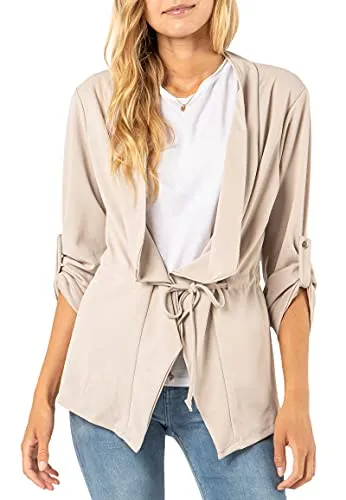 Sublevel Damen Blazer zum Binden - Lässig beige S - Blazer für Damen mit Bindedetail, aus feiner Kunstfaser für einen entspannten Look - ideal für lässige Outfits.