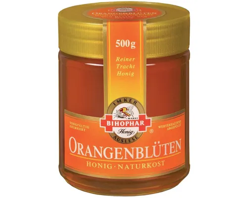 Bihophar Orangenblüten Honig 500g - Feiner Honig aus sonnigen Regionen, ideal zum Süßen von Tees oder als Brotaufstrich. Genießen Sie die natürliche Süße und den aromatischen Geschmack.