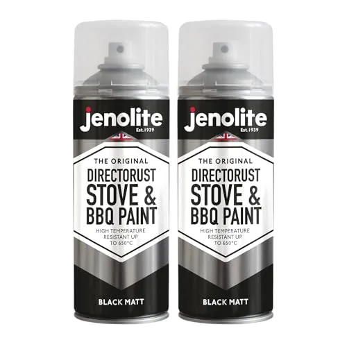 JENOLITE Directorust Grill- und Herdspray, Schwarz, 2 x 400 ml, Hochtemperaturfarbe bis 650 °C, Grill, Ofen, Kamine, Holzbrenner, Automobil, Feuerschutzgitter