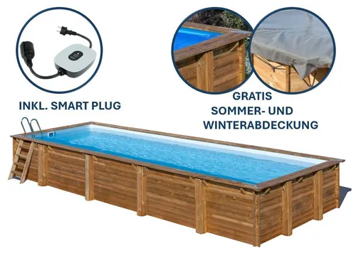GRE Rechteckiger Echtholzpool MINT, 1010 x 418 x 146 cm - Hochwertiger Swimmingpool aus Kiefernholz mit Kesseldruckimprägnierung für lange Lebensdauer, inklusive GRATIS Sommer- und Winterabdeckungen sowie Smart Plug.