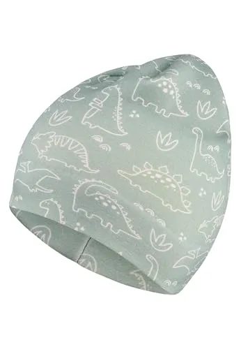 Sterntaler Beanie aus Sweat mit Flauschiger Rückseite und Saurier-Print – Jungen – weich und pflegeleicht – Mütze für Baby und Kinder, steingrün, Größe 51