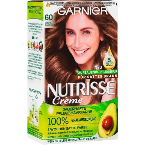 GARNIER Nutrisse Creme Haarfarbe 6 Karamell Dunkelblond - Dauerhafte Pflege-Haarfarbe mit 100% Abdeckung, enthält Pflegekur mit 5 natürlichen Ölen für extra Glanz und Schutz vor Haarbruch.
