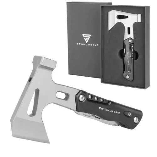 STAHLWERK Multitool - Multifunktionswerkzeug mit Hammer und Axt - Multitools für Werkstatt und Outdoor, inklusive Taschenmesser und LED Taschenlampe, ideal für Survival und Abenteuer, geliefert in einer praktischen Geschenkbox.