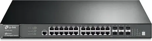 TP-Link T3700G-28TQ - 28-Port Gigabit L3 Managed Switch - Netzwerk-Switch mit 24 Gigabit-Ports und 4 Combo-SFP-Slots, ideal für hochverfügbare und skalierbare Netzwerke. Unterstützt L3-Routing und physisches Stacking für maximale Flexibilität.